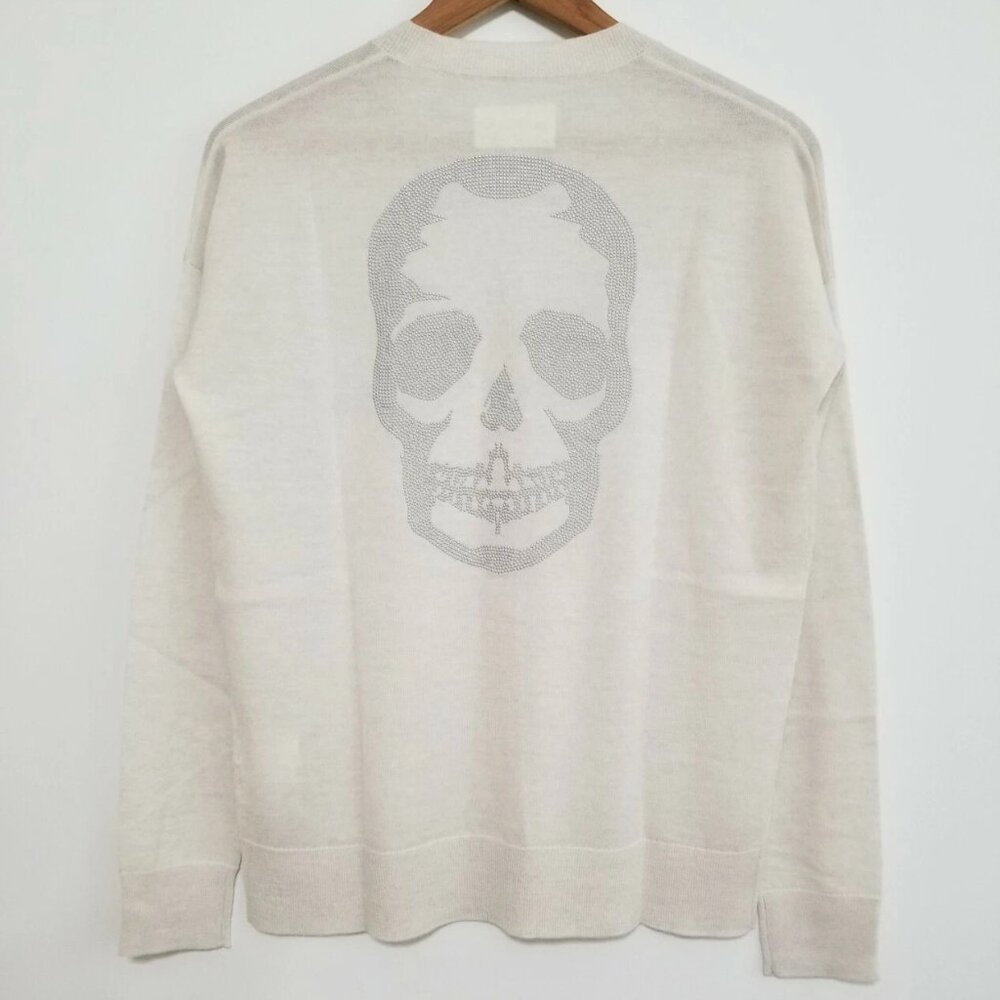 NWT Zadig & Voltaire Happy‎ M Skull Strass Merino Wool V-Neck Sweater in Neige M